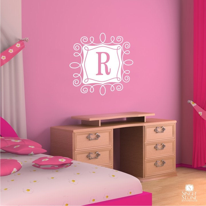 Monogram Wall Decal with Curly Frame - Vinyl Text Wall Words Stickers Art