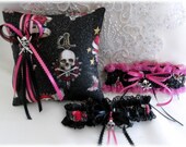 Hot Pink-Black Biker-Rocker-Skull Ring Pillow-Garters Set-Perfect for Tribal-Tattoo-Primitive-Goth-Pirate Weddings