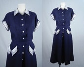 Vintage 1940s Dress / Navy and White Linen Bias Cut