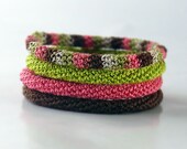 Crochet Bracelet Bangle Fine Thread Icord Pink Salmon Chocolate Brown Spring Green Sandy Beige