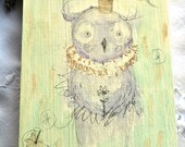 Owl with little flower, Original Watercolor on wood