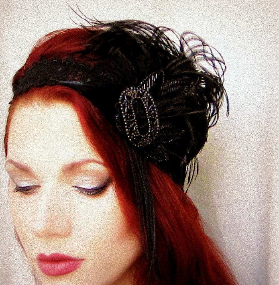 On Sale Vintage Victorian Headdress - Black Feather Lace Headpiece - Sale 20 Dollars Off