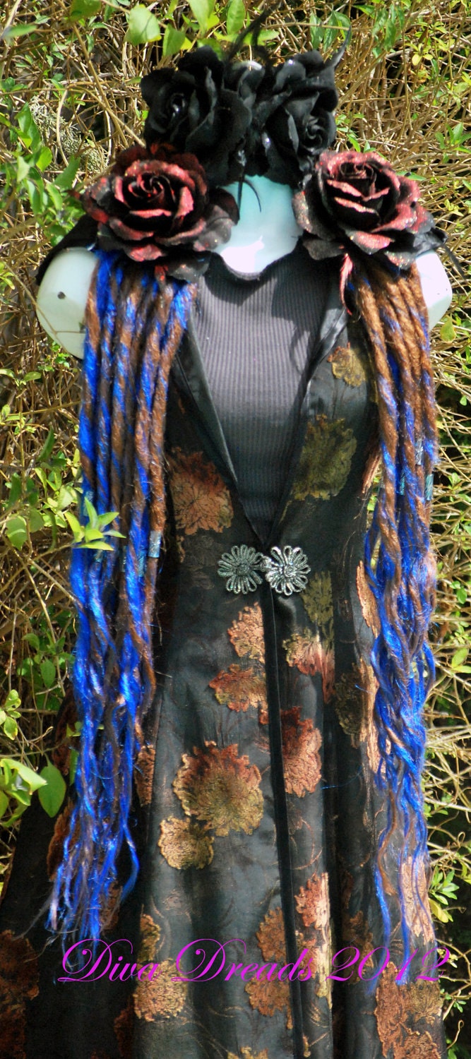 Long Mixed Copper and Blue Dread Lock Falls with Silver Beading