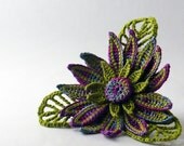 Crochet Brooch Flower Irish Crochet Pin Daisy Berry Purple Light Indigo Chartreuse Green