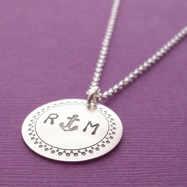 Anchor Necklace - Personalized Initials in Sterling Silver - Hand Stamped Circle Border Pendant by EWD