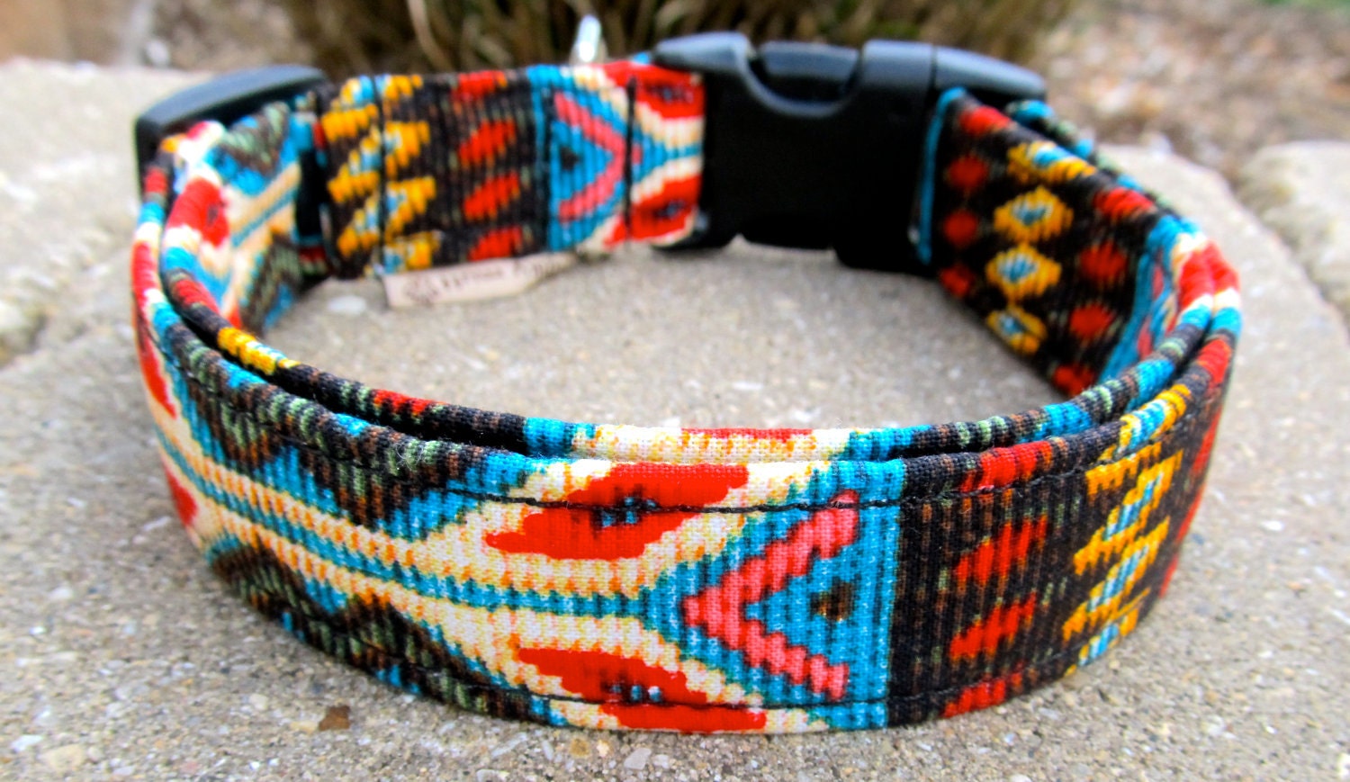 Navajo Spirit 1" wide LARGE dog collar... beaded style geometrics in bright red, turquoise and greens includes Funky Mutt dog charm