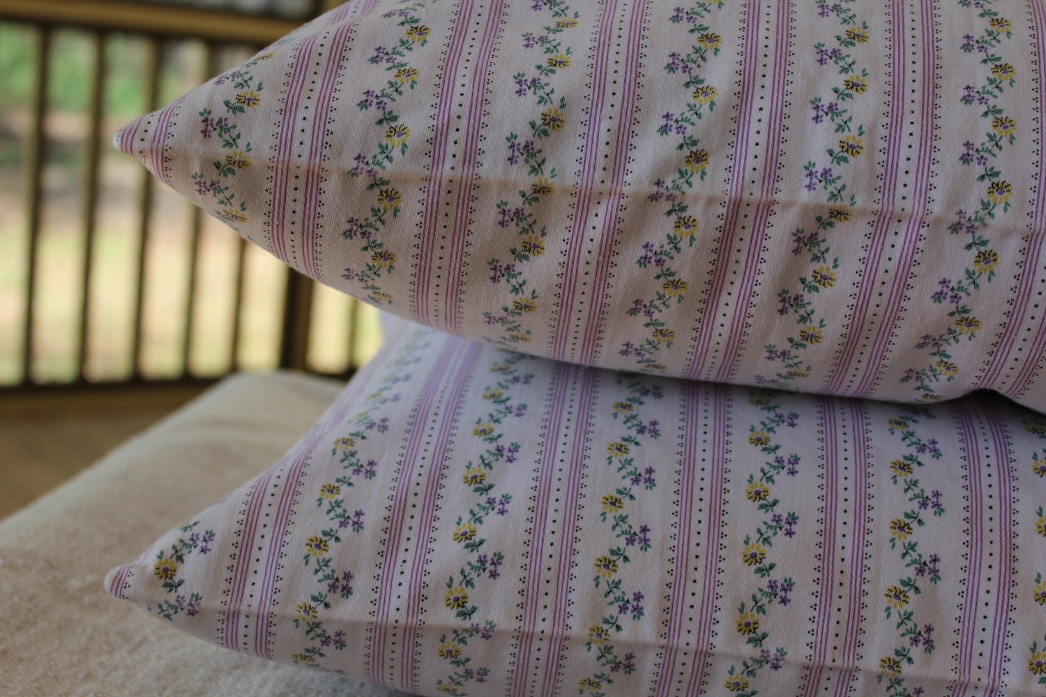 Pair of Vintage Pillow Ticks - Heavy Cotton NOS - Purple Stripe with Flowers - 1940s-1950s