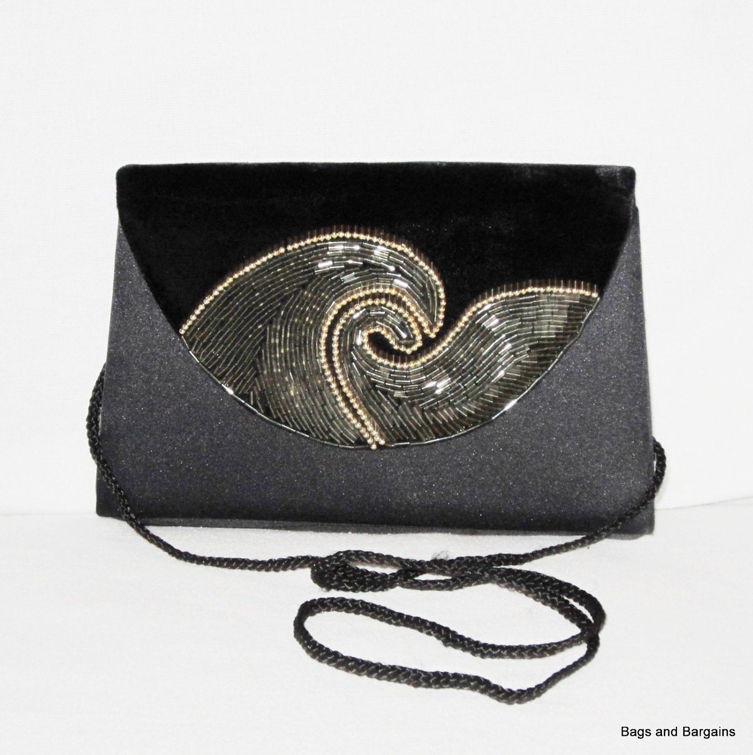 EVENING BAG Black Satin Evening Clutch Velvet Beaded Wave Front Flap - Lovely - Mint