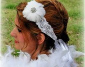 Bridal Headband, White Lace, Feather Fascinator, Hairpiece, Wedding, Bridal, Hair Accessory, Stretch, Beaded Lace, Satin Ribbon