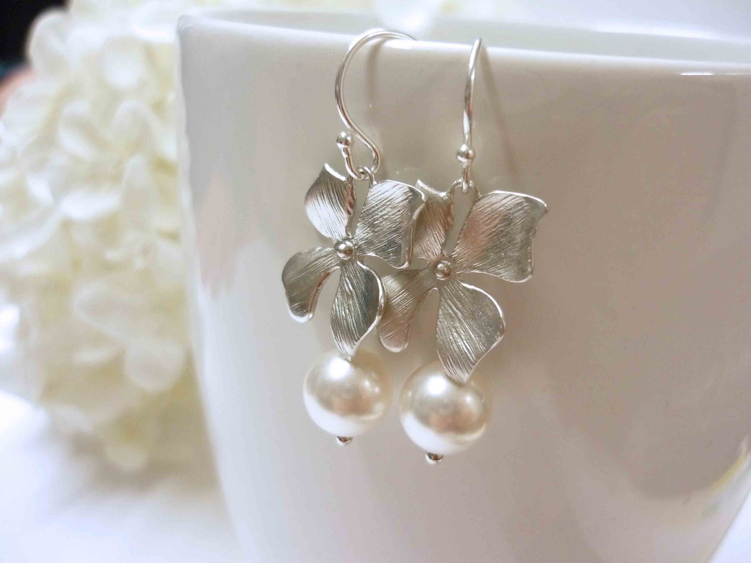 Orchid Flower Earrings, Pearl and Sterling Silver Earrings - FREE SHIPPING