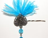 Brilliant Blue Peacock Bobby Pin/Hair jewelry  Stunning peacock with bright blue ostrich feathers and blue dangling jewels