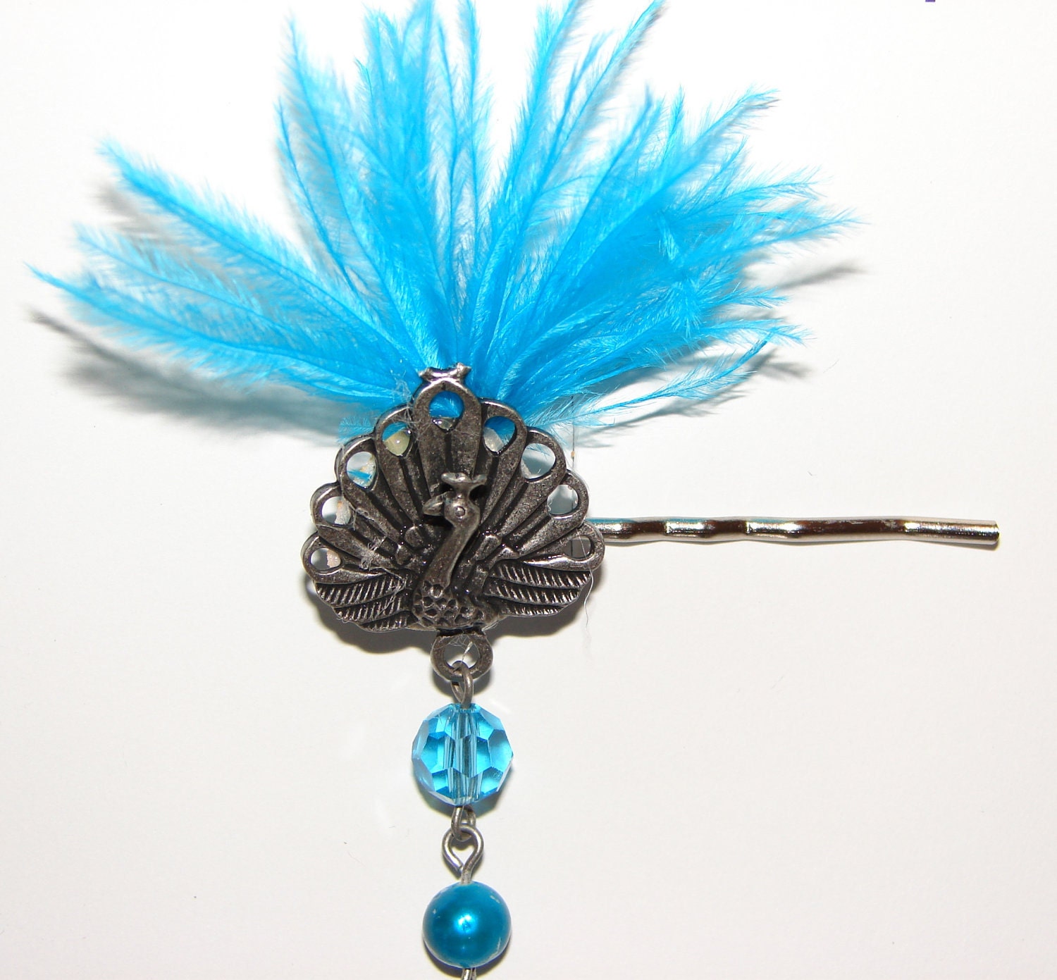 Brilliant Blue Peacock Bobby Pin/Hair jewelry  Stunning peacock with bright blue ostrich feathers and blue dangling jewels