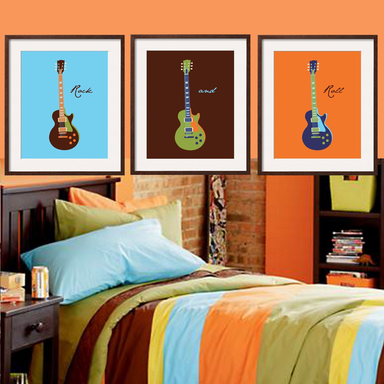 Guitar Art in Aqua Blue, brown, orange and  earthy green 3 pc set Goes well with Wide Stripe Bedding from Land of Nod 8X10