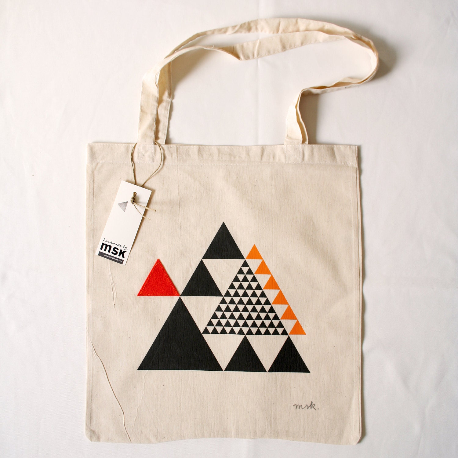 Form Follows the Rules of Geometry: Equilateral Triangles Composition with accents in orange // canvas tote, handmade, screenprint