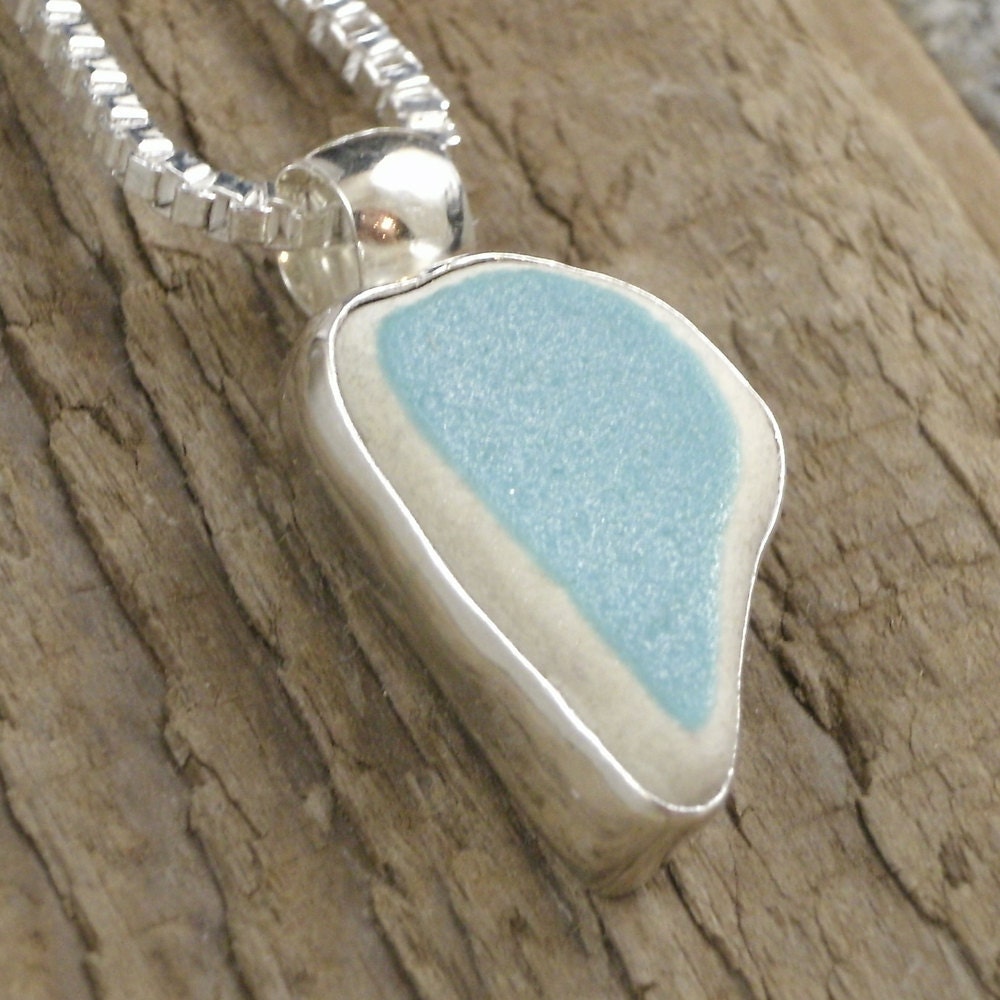 Genuine Turquoise Beachcombed Pottery Shard Pendant Bezel Set in Sterling Silver
