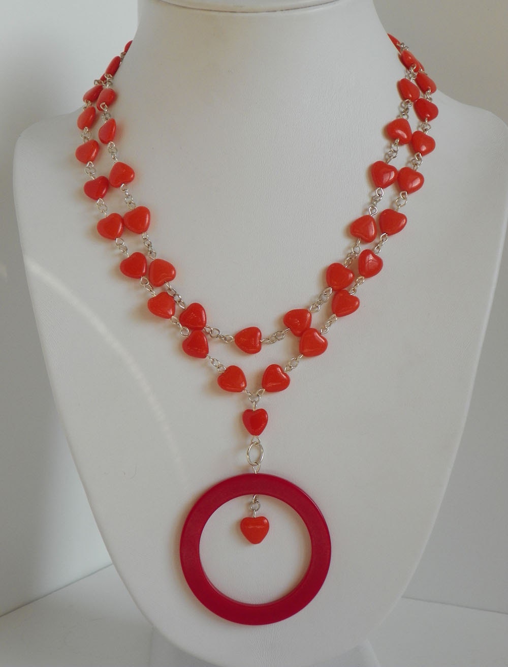 Orange Crush Valentine Glass Heart Bakelite Statement Necklace- Revamped Vintage One of a Kind