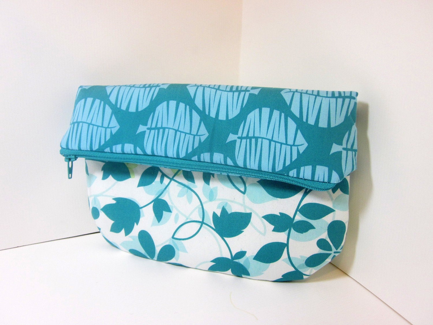 Fold Over Zipper Clutch - Aqua Leaves