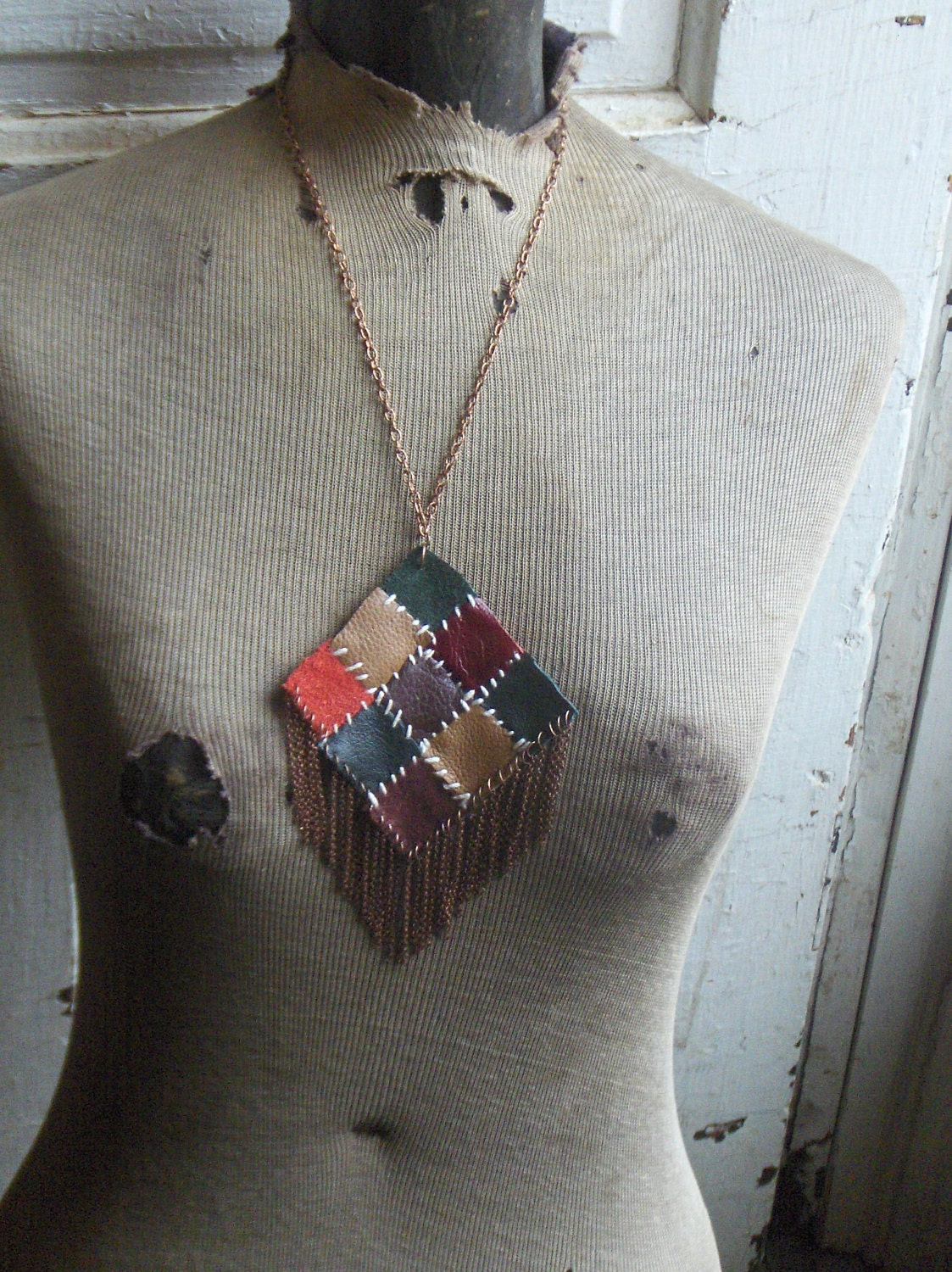 Sale -Cheyenne. Genuine handmade hand sewn leather patchwork and copper fringe bib necklace design by Gray Wolf's mother  ooak