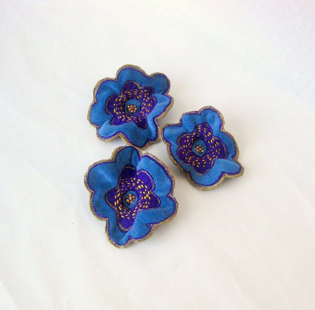 Shawl pin brooch embroidered blue velvet flower
