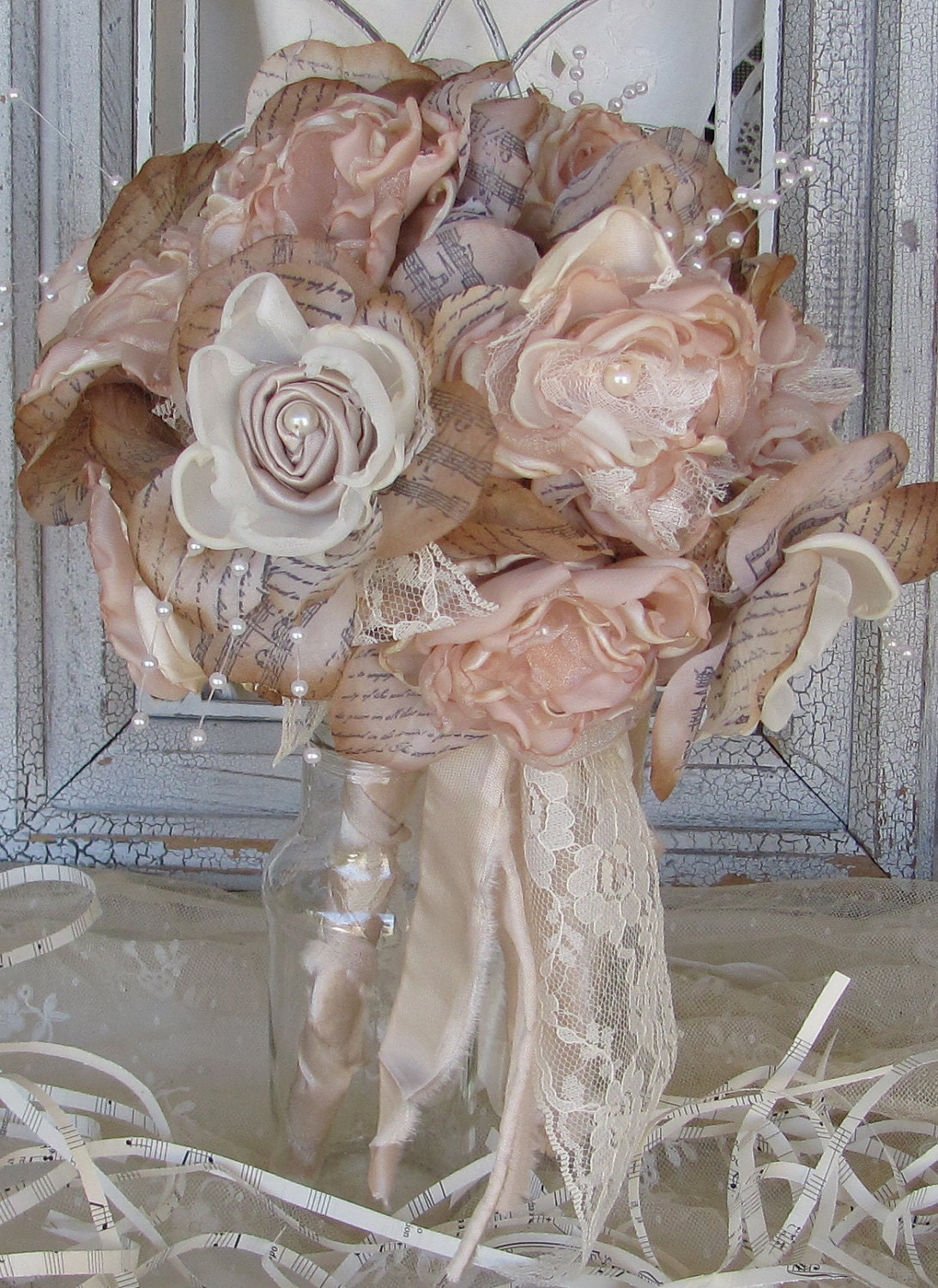 Bridal Fabric Flower Bouquet  Champagne and Ivory Custom Order any color