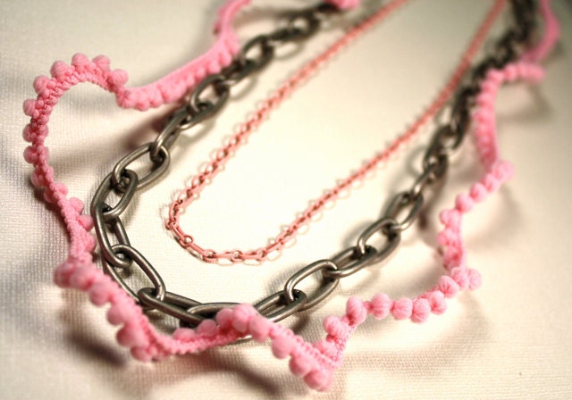 Necklace Pink Painted Aluminum chain Matte Oxidized Aluminum Chain Pink Pom Poms  Fashion Under 40 Gifts Ribbon Oh Hello Spring Necklace