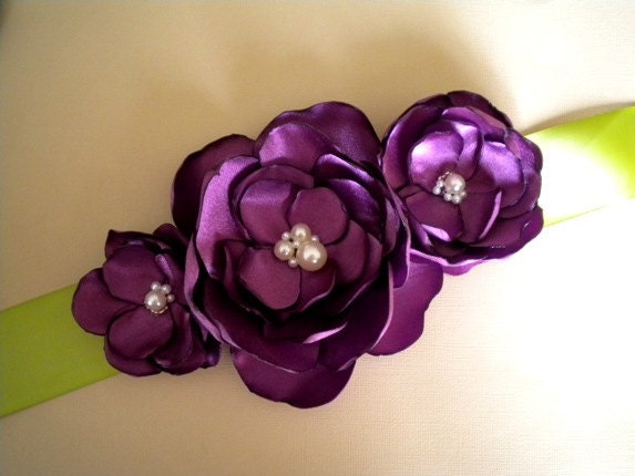 Purple sash Handmade Wedding Satin Flowers  - Customize your colors Prom Party