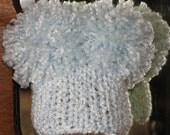 Size: Newborn / Blue and White Hand Knit Hat with 2 Big Pom Poms