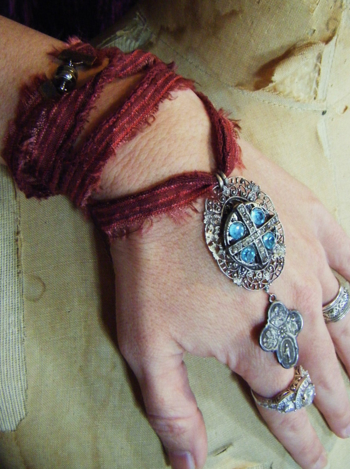Antique religious necklace or bracelet old fabric wrap silver paste rhinestone cross filigree vintage assemblage