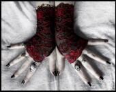 Celosia Lace Fingerless Gloves - Black Deep Red Metallic Embroidered Floral - Gothic Vampire Regency Tribal Bellydance Goth Fetish Mourning