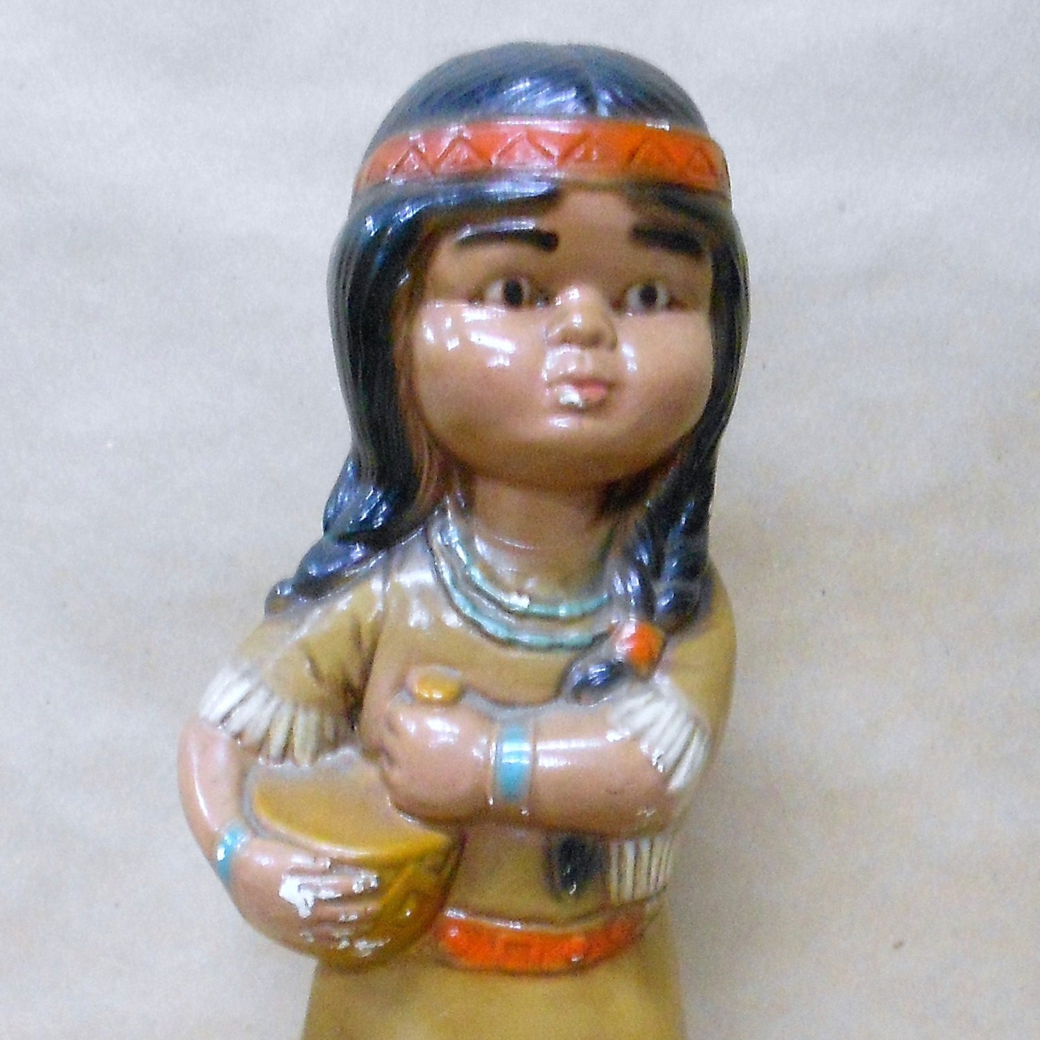 American Indian Child Playing House Raggedy Ann Statue Vintage