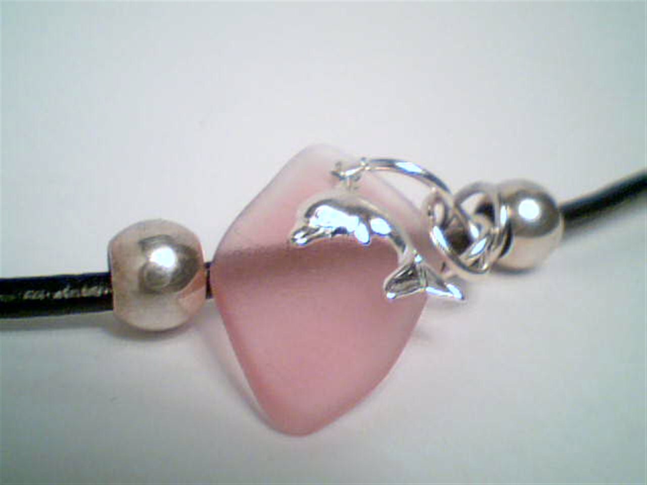 Genuine pink beach sea glass gemstone pendant with dolphine charm jewelry handmade necklace