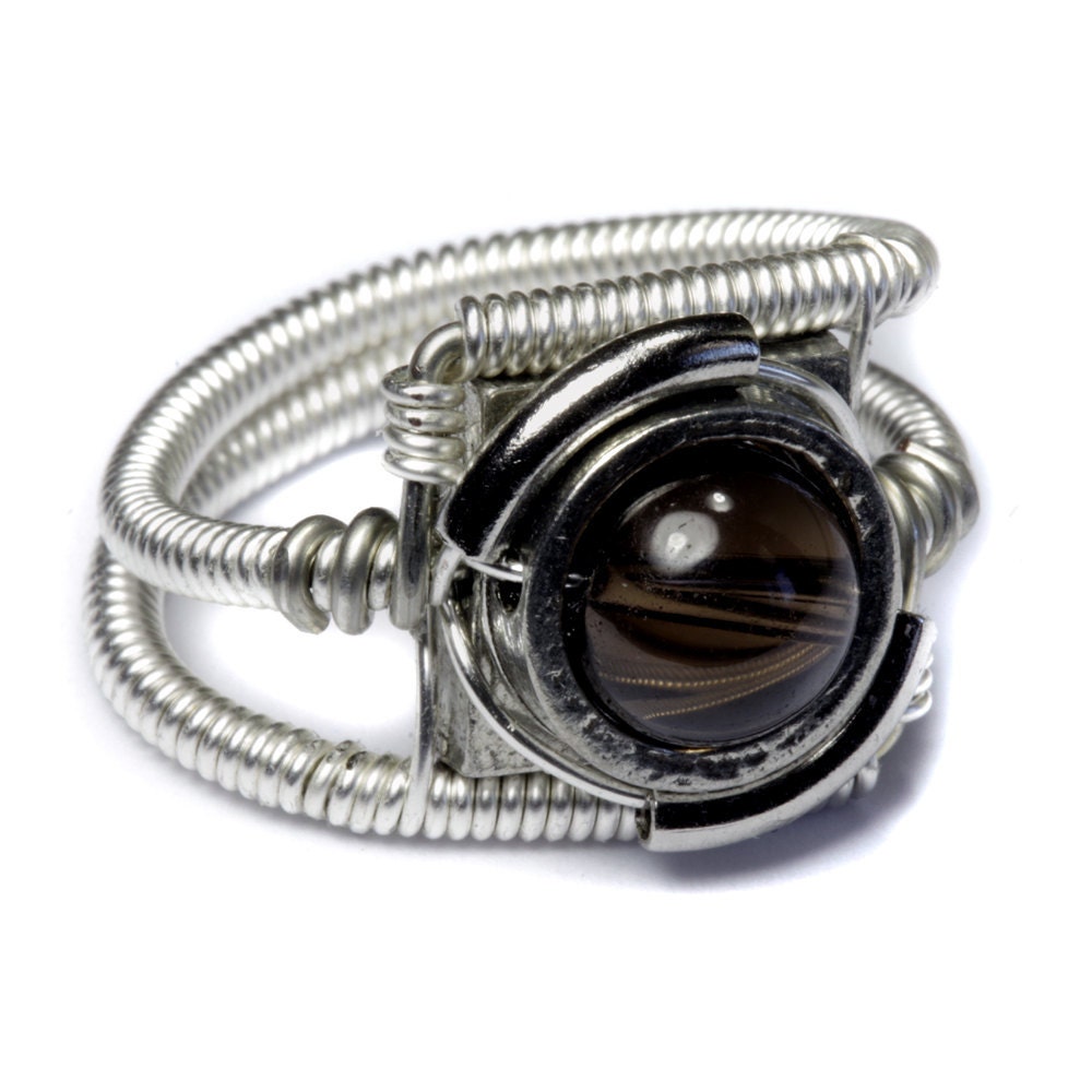 Cyberpunk Jewelry - Ring  - Silver Tone Smoky Quartz