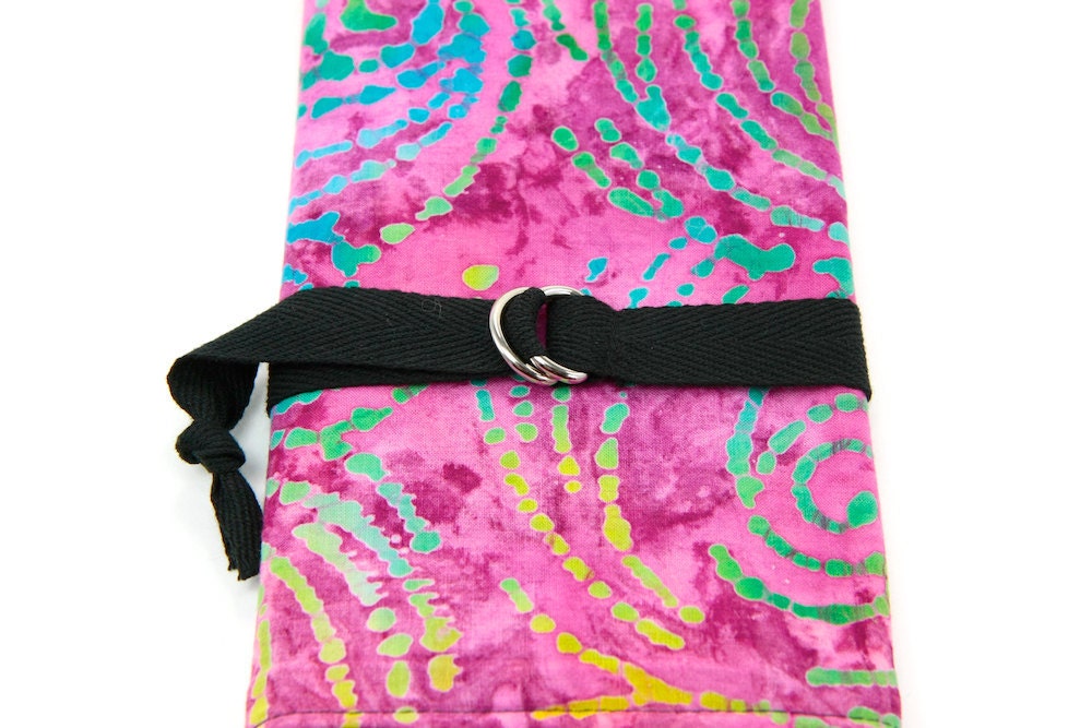Fuchsia Batik SHORT Knitting Needle Case or Art Tool Organizer with Black Pockets