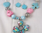 Cross Necklace Turquoise Rhinestone Handmade