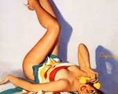 Free US shipping Handprinted Cotton Art Reprodn Applique Vintage Sexy Pin-up Girl Gil Elvgren "Wish you were near" , 1969
