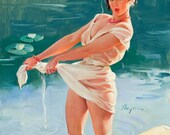 Free US shipping Handprint Cotton Art Reprodn Applique Vintage Sexy Pin-up Girl Gil Elvgren "Upsetting Upset" , 1969