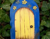 Magic Fairy Door Rounded Top Magical Portal 6 inches Blue and Yellow with Flowers and Butterflies