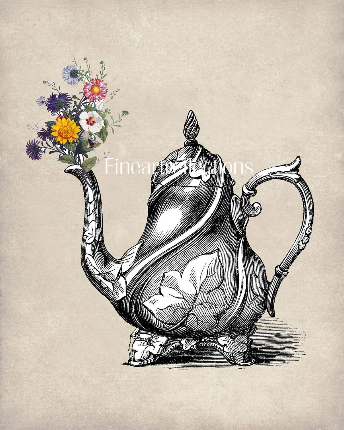 Vintage Tea Pot Wall Art Print With Flowers