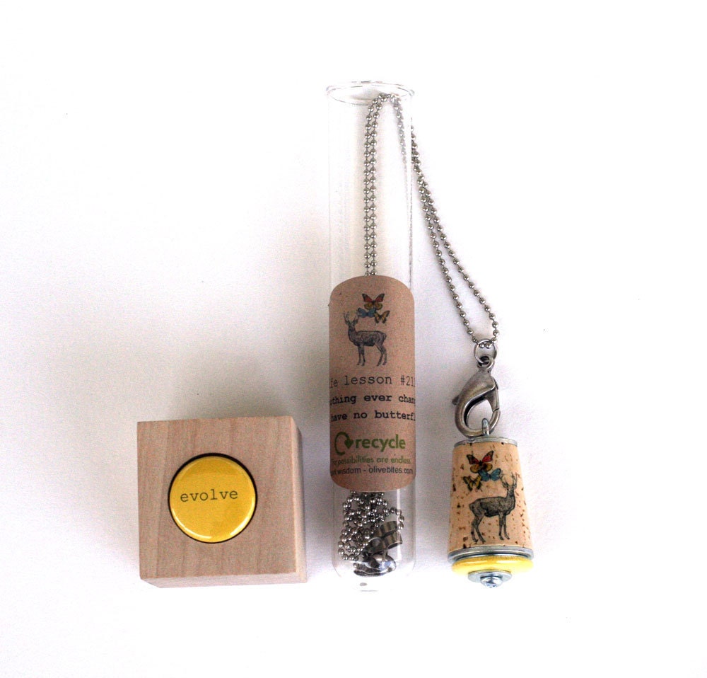 Deer Butterfly Necklace - Upcycled Cork in Test Tube - Yellow EVOLVE by Uncorked