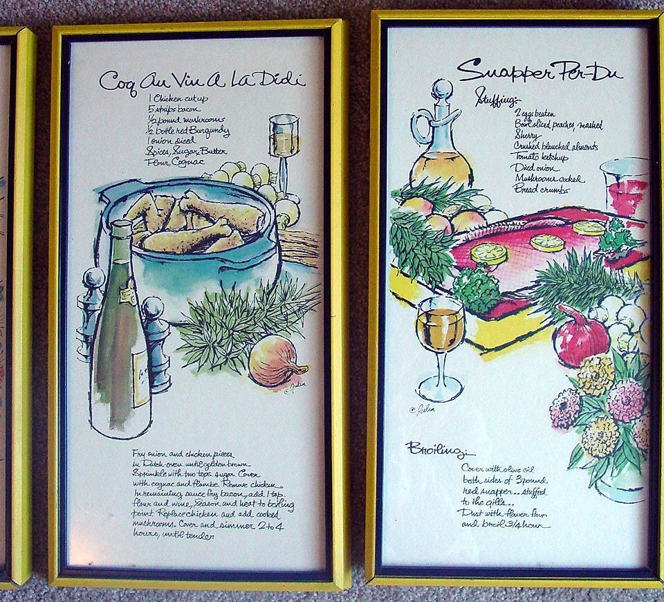 Vintage 70s kitchen prints,  wall decor, set of five Turner Mfg. Co. Pictures, vegetables spices, 70s pictures, vintage recipes
