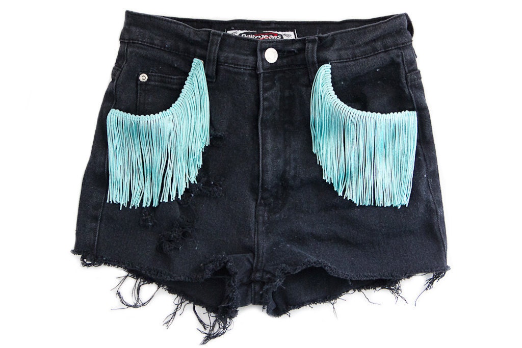 Fringe Shorts, Vintage Distressed High Waisted Black Denim, Upcycled W26