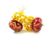 Red Yellow Glass Bead Earrings, Red Yellow Orange Pink Boro Lampwork Earrings, Colorful Earrings, Red Earrings - Sunny Side Up - GlassRiverJewelry