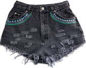 Tribal/Aztec Shorts, Hand Painted, Vintage Distressed High Waisted Denim, Upcycled W27