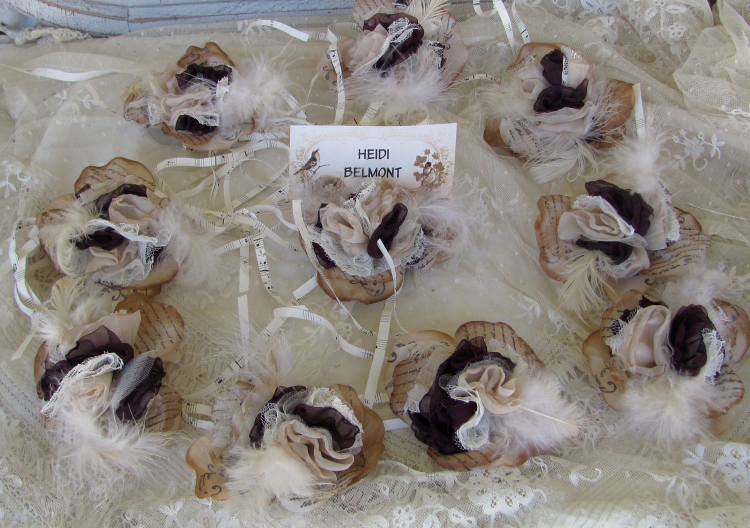 Fabric Flower Place Card Holder With Feathers  Or for Decoration  Set of 10