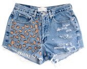Cheetah/Leopard Print Shorts, Hand Painted, Vintage Distressed High Waisted Denim, Upcycled W30