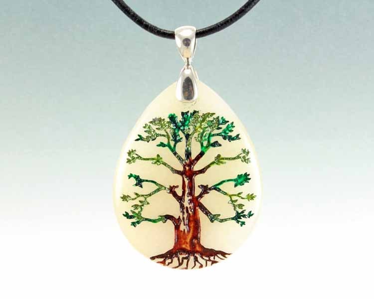 Tree of Life - Engraved Stone Pendant - Yellow Jade