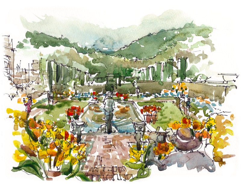Garden in bloom - a watercolor sketch in fiery yellow, red and green - 8x10 print