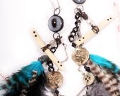 Long Feather Earring Eyeball Amulets Fortune Teller Bone domino beads wire wrapped blue black stripe feathers Chain Gypsy Native Dangle OOAK