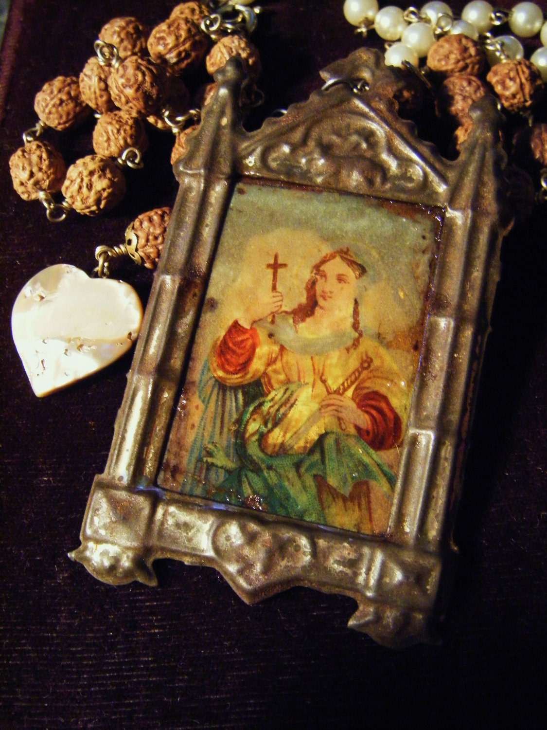 Tin ex voto necklace religious nicho shrine shell heart saint vintage antique assemblage one of a kind