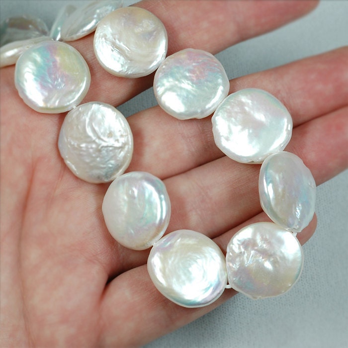 Jumbo AA White COIN PEARLS 17mm to 18mm - 7 inch strand - 10 big pearls
